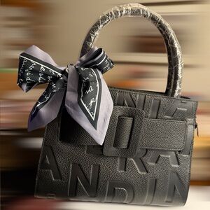 Black Embossed Handbag with Bag Scarf NWOT